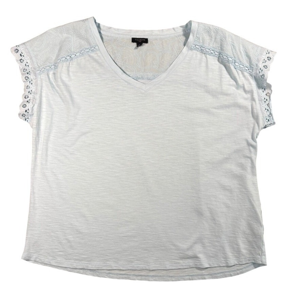 Talbots Plus‎ Light Blue Eyelet Lace V-Neck Top Short Sleeve 1X Cotton Modal
